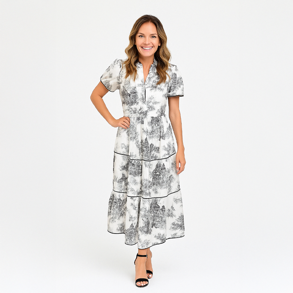 Vestido Joy Longo com Decote em V de Manga Curta