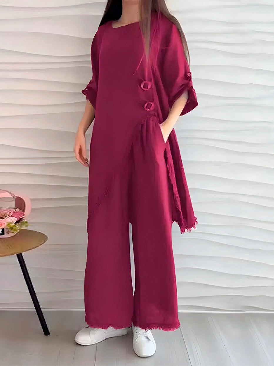 Conjunto Feminino de Gola Redonda Longo de Algodão e Linho