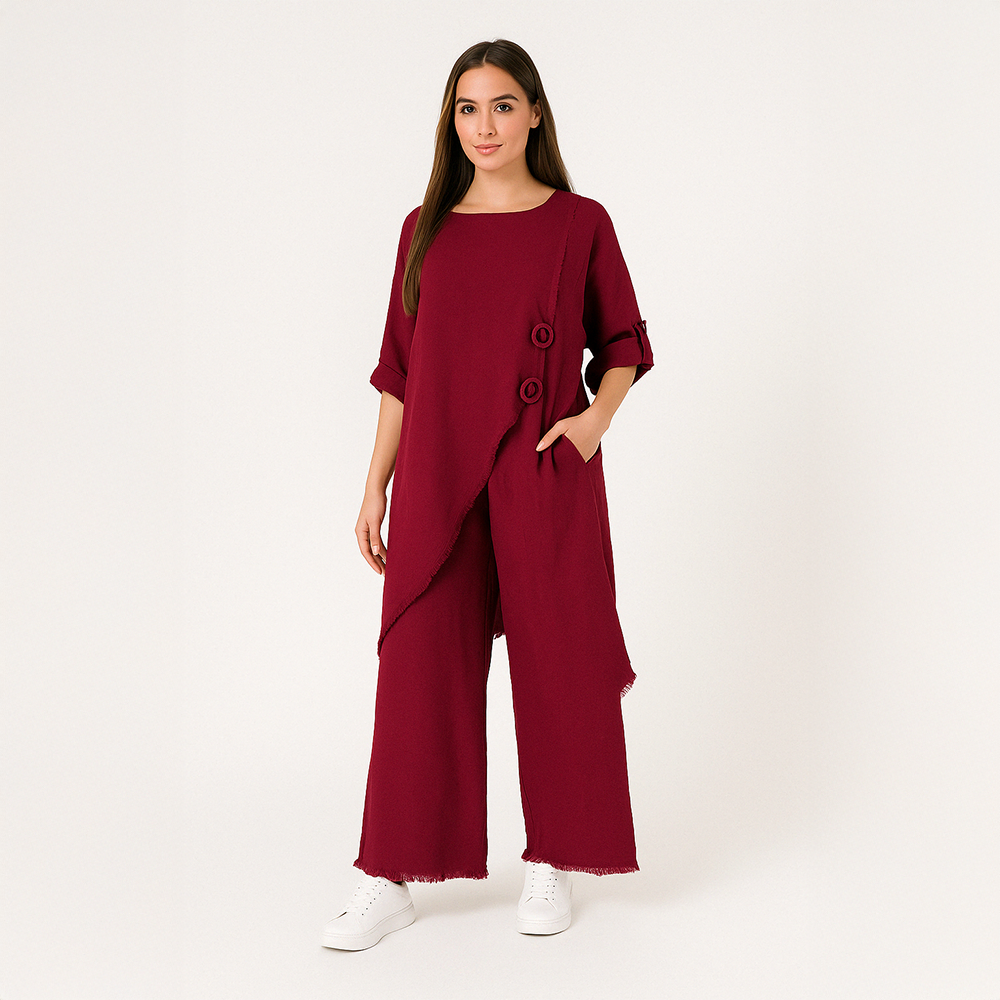 Conjunto Feminino de Gola Redonda Longo de Algodão e Linho
