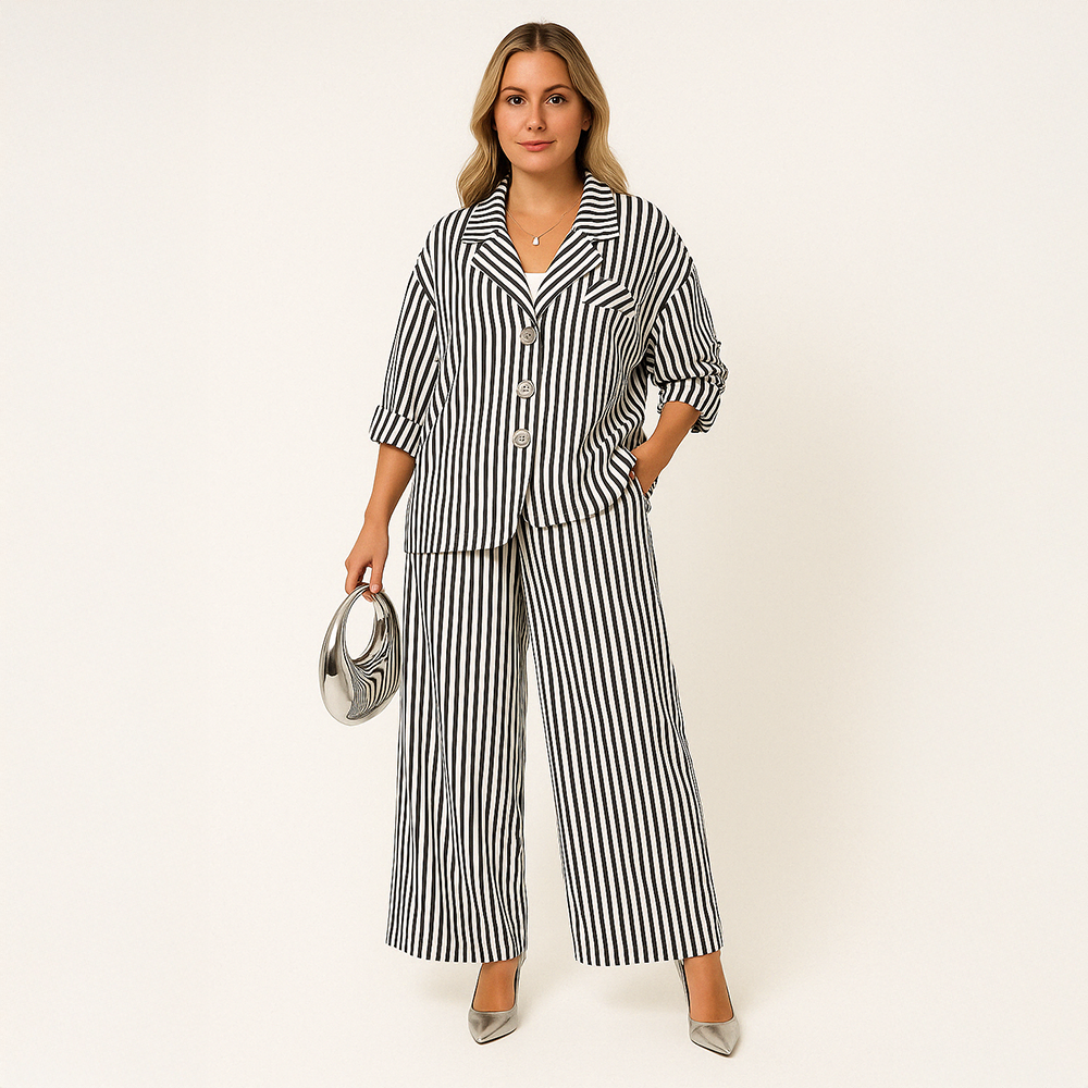 Conjunto Tania - Calça + Camisa - Listrado com Botões (Blogueiras Adoram)