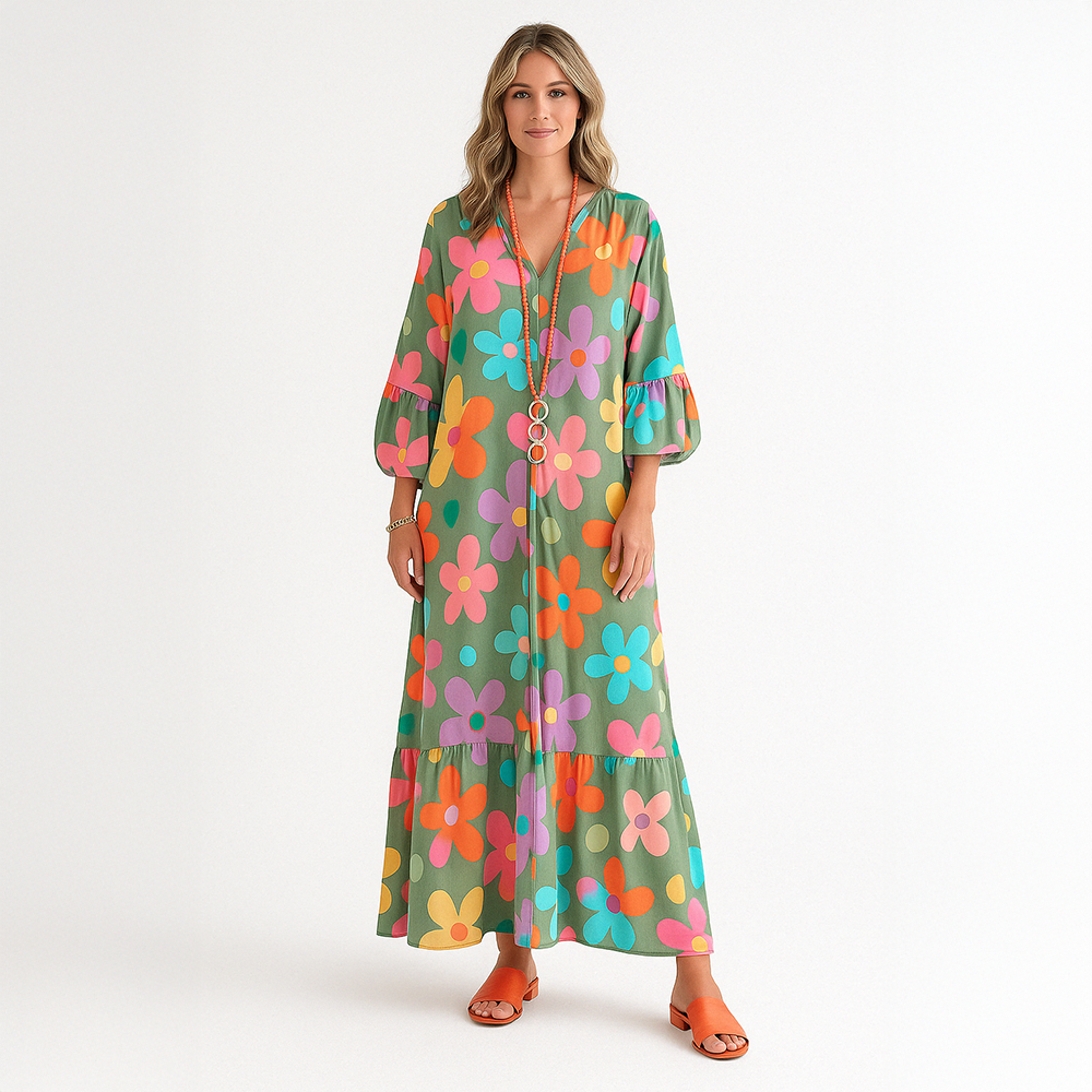 Vestido Fiora | Manga Flare Estampado com Decote em V (Queridinho do Verão em 2025)