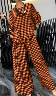 Conjunto Xadrez | Calça + Camisa de Gola Redonda Verão (Leve e Solto)