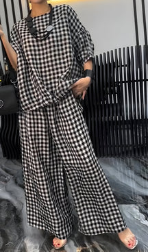 Conjunto Xadrez | Calça + Camisa de Gola Redonda Verão (Leve e Solto)