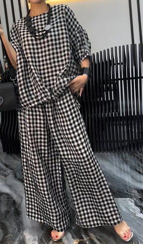 Conjunto Xadrez | Calça + Camisa de Gola Redonda Verão (Leve e Solto)